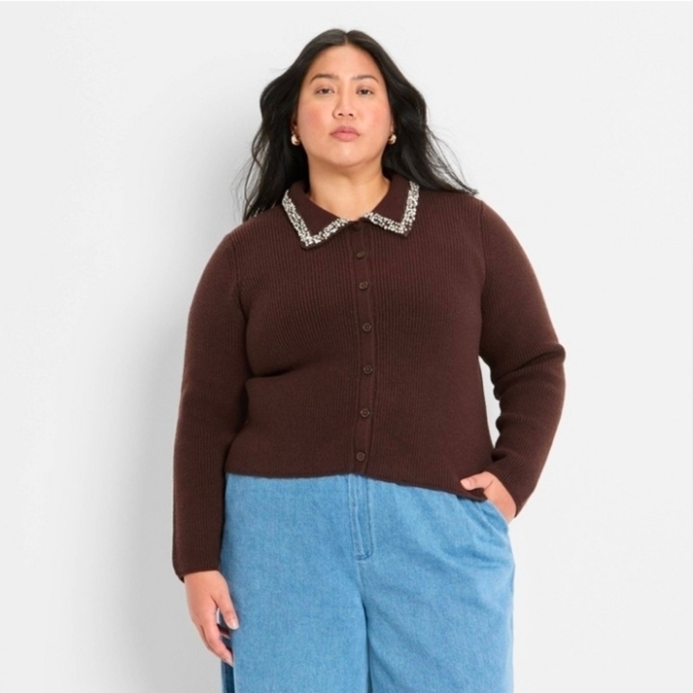 Future Collective Women's Embellished Collar Cardigan Sweater, 3X - Dark Brown